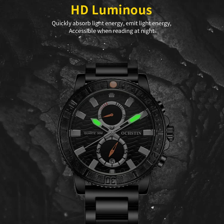 OCHSTIN 7250 Fashion Steel Strap Multifunctional Quartz Men Watch(Black+Black) - Image 5