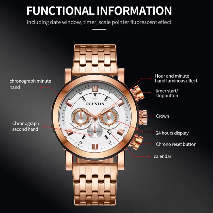 OCHSTIN 7254 Fashion Steel Strap Multifunctional Quartz Men Watch(Black Red) - Image 3