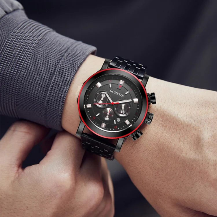 OCHSTIN 7254 Fashion Steel Strap Multifunctional Quartz Men Watch(Black Red) - Image 7