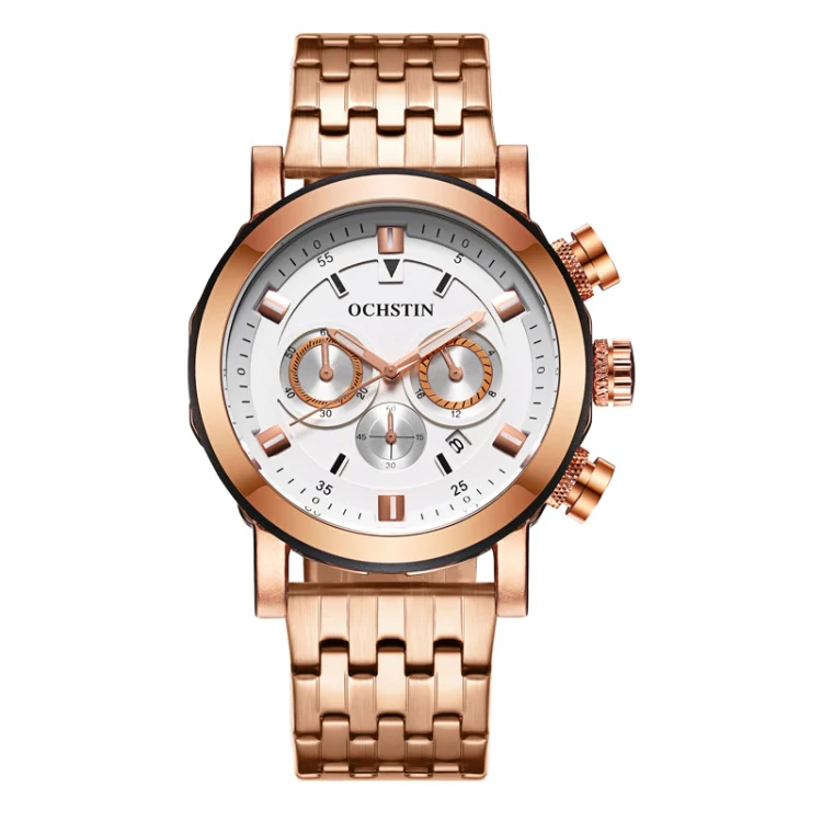 OCHSTIN 7254 Fashion Steel Strap Multifunctional Quartz Men Watch(Rose Gold White)