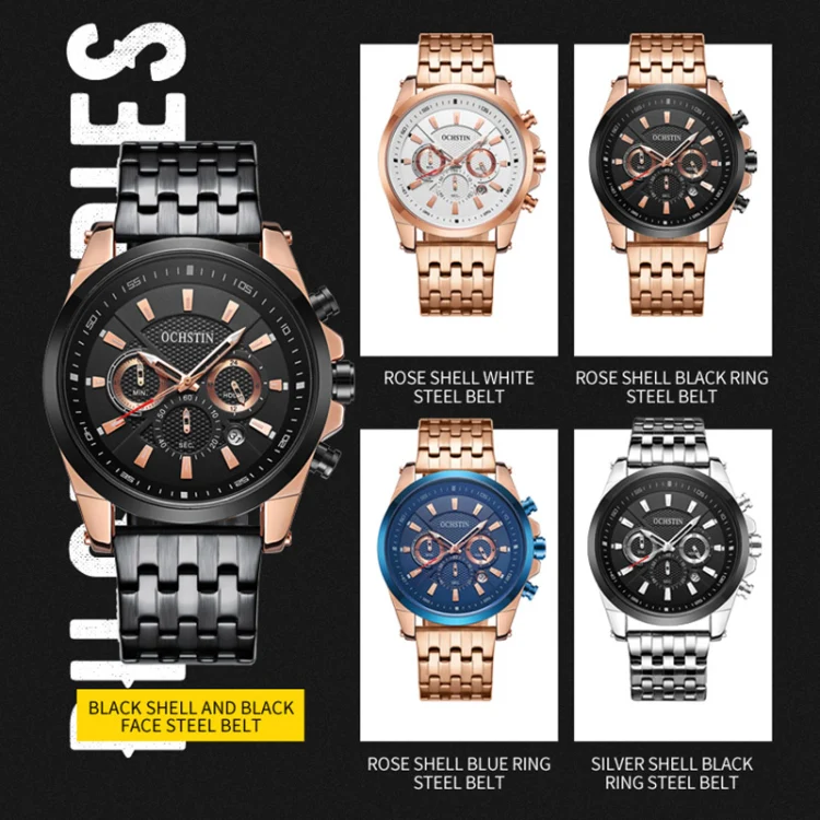 OCHSTIN 7256 Fashion Steel Strap Multifunctional Quartz Men Watch(Rose Gold White) - Image 2