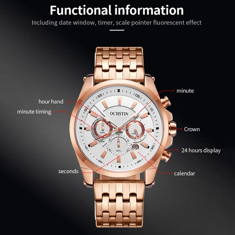 OCHSTIN 7256 Fashion Steel Strap Multifunctional Quartz Men Watch(Rose Gold White) - Image 3