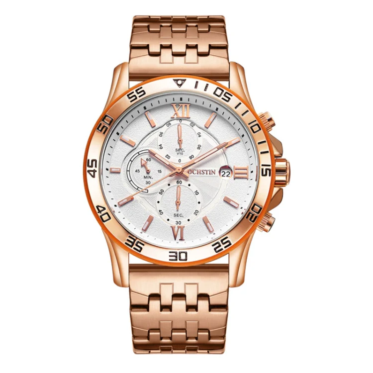 OCHSTIN 7257 Fashion Steel Strap Multifunctional Quartz Men Watch(Rose Gold White)