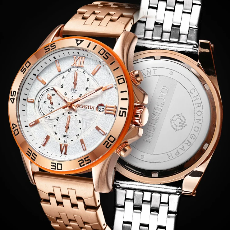 OCHSTIN 7257 Fashion Steel Strap Multifunctional Quartz Men Watch(Rose Gold White) - Image 5