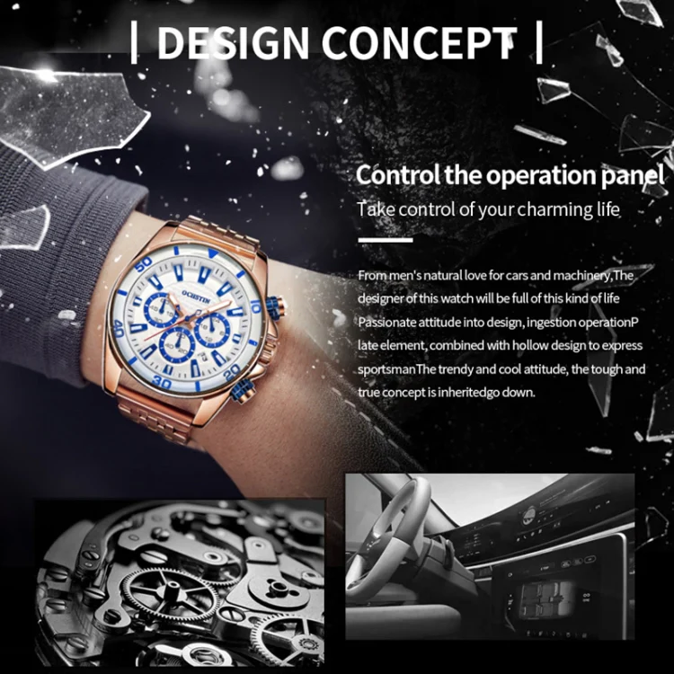 OCHSTIN 7259 Fashion Steel Strap Multifunctional Quartz Men Watch(Rose+White+Blue) - Image 4