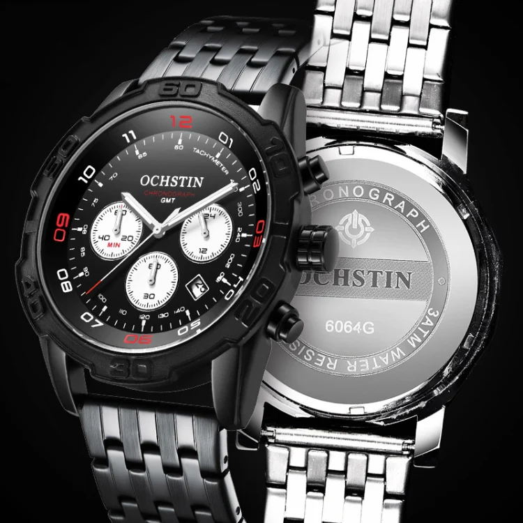 OCHSTIN 7260 Fashion Steel Strap Multifunctional Quartz Men Watch(Silver+Black) - Image 5