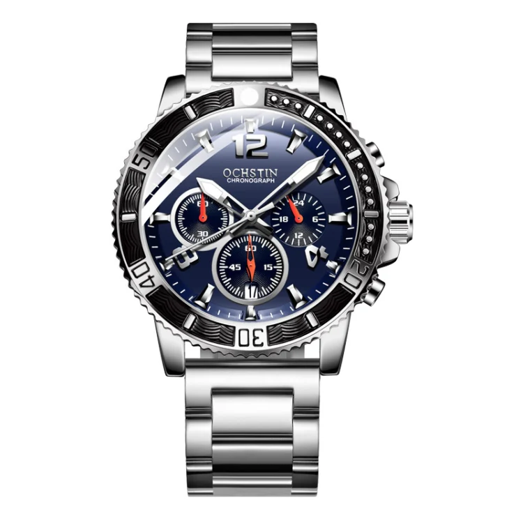OCHSTIN 7263 Fashion Steel Strap Multifunctional Quartz Men Watch(Silver Blue)