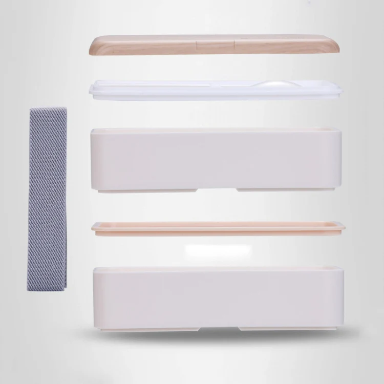 Office Double-layer Separated Lunch Box Wooden Portable Microwaveable Heating Student Bento Box with Cutlery(White) - Image 3