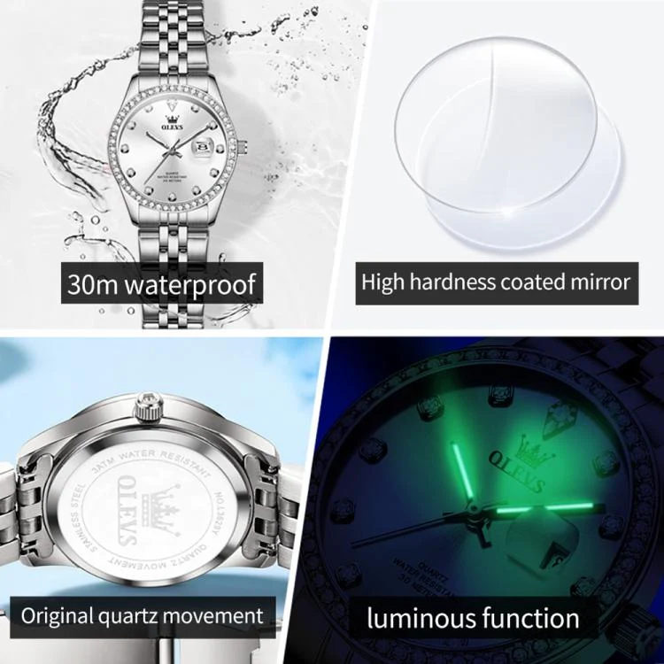 OLEVS 3629 Women Diamond Bezel Luminous Waterproof Quartz Watch(Silver) - Image 5