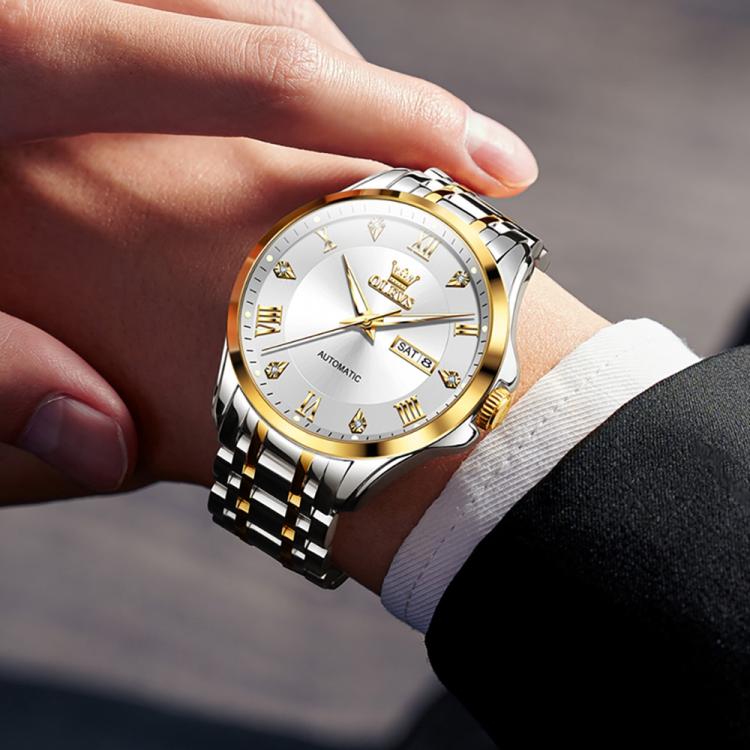 OLEVS 6702 Men Waterproof Luminous Dual Calendar Mechanical Watch(White Gold) - Image 5