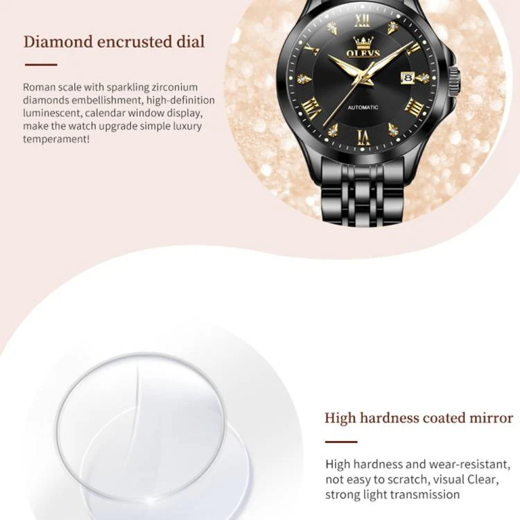 OLEVS 6702 Women Waterproof Luminous Single Calendar Mechanical Watch(Black Gold) - Image 5