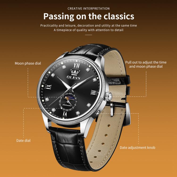 OLEVS 7039 Men Sun Moon Star Luminous Waterproof Mechanical Watch(Black) - Image 3