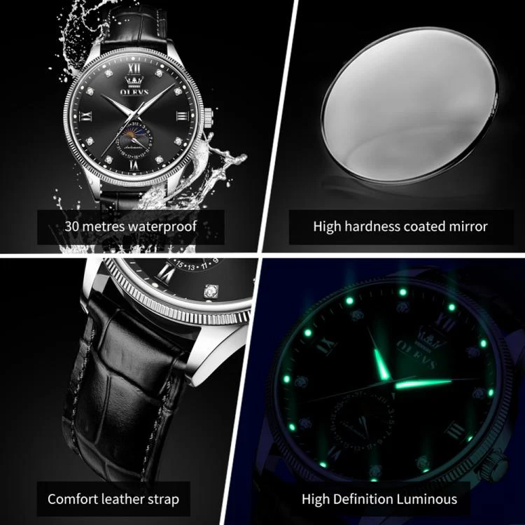 OLEVS 7039 Men Sun Moon Star Luminous Waterproof Mechanical Watch(Black) - Image 5