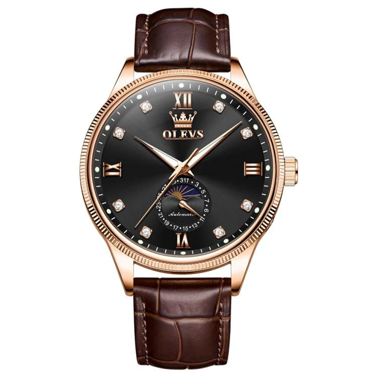 OLEVS 7039 Men Sun Moon Star Luminous Waterproof Mechanical Watch(Rose Gold + Black)