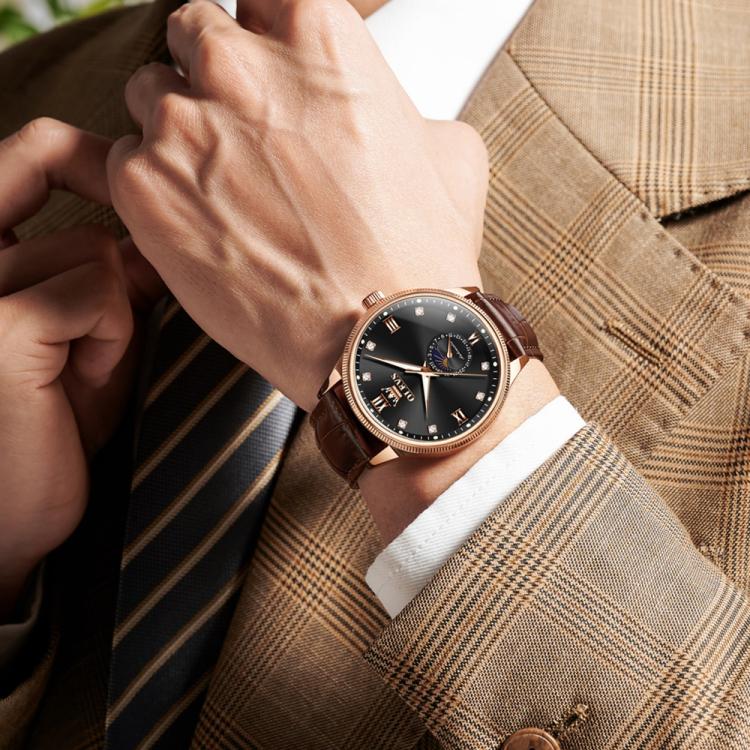 OLEVS 7039 Men Sun Moon Star Luminous Waterproof Mechanical Watch(Rose Gold + Black) - Image 6