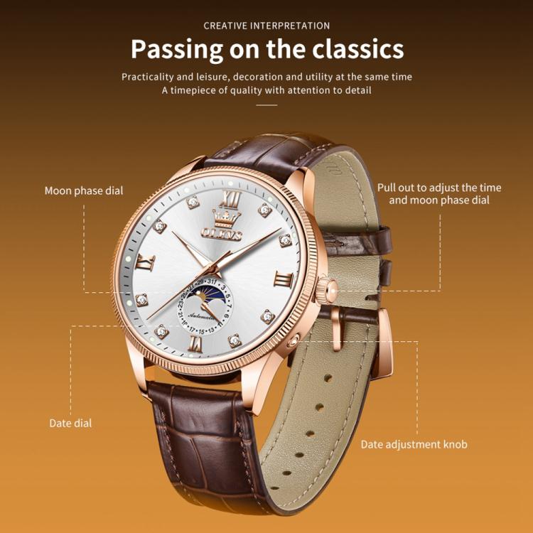 OLEVS 7039 Men Sun Moon Star Luminous Waterproof Mechanical Watch(Rose Gold White) - Image 3