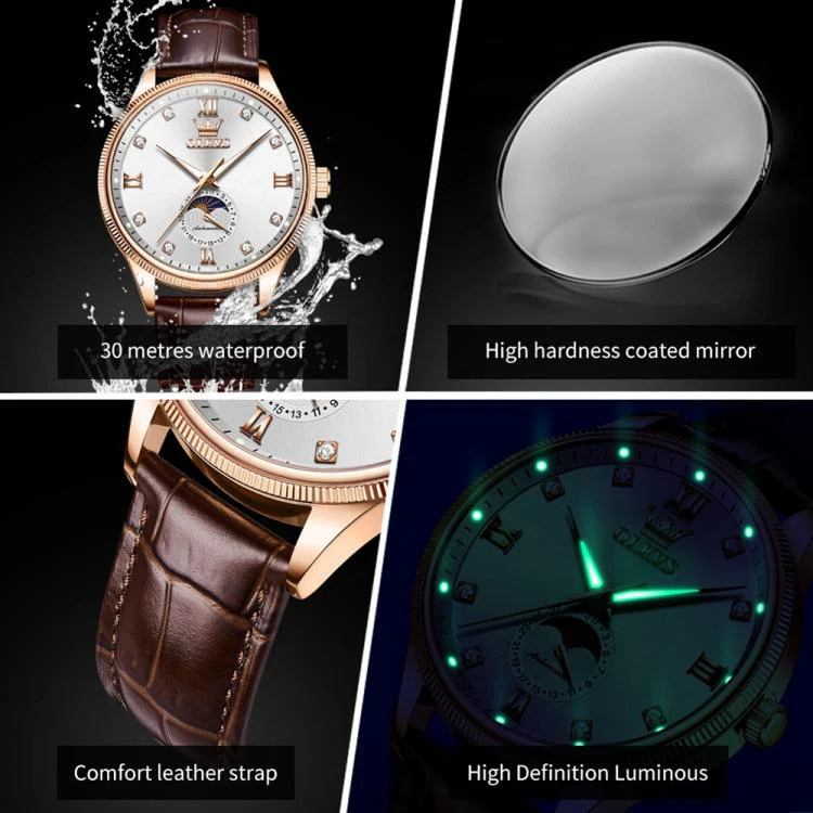 OLEVS 7039 Men Sun Moon Star Luminous Waterproof Mechanical Watch(Rose Gold White) - Image 5