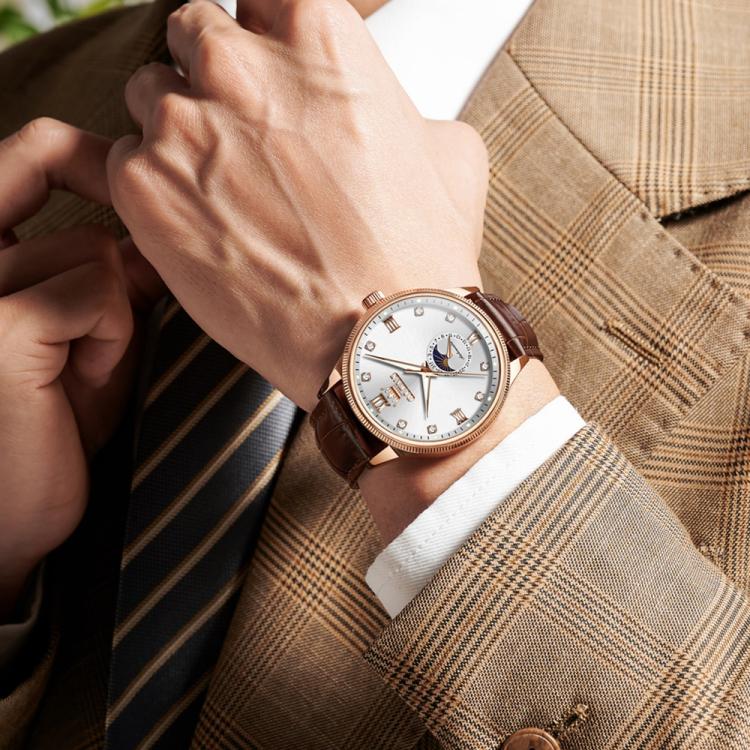 OLEVS 7039 Men Sun Moon Star Luminous Waterproof Mechanical Watch(Rose Gold White) - Image 6