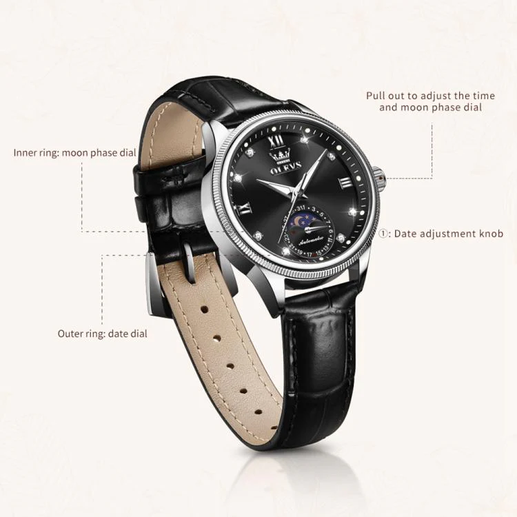 OLEVS 7039 Women Sun Moon Star Luminous Waterproof Mechanical Watch(Black) - Image 2
