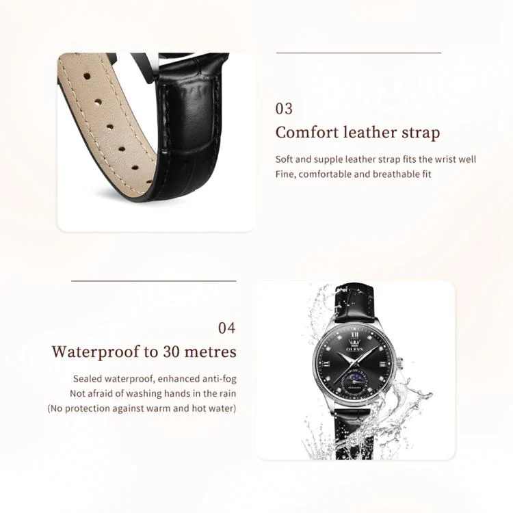 OLEVS 7039 Women Sun Moon Star Luminous Waterproof Mechanical Watch(Black) - Image 5
