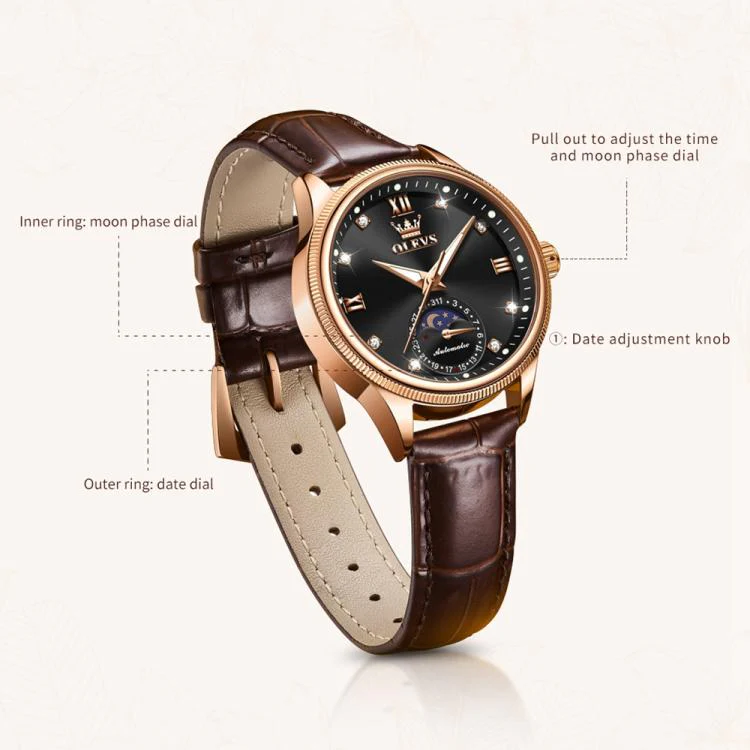 OLEVS 7039 Women Sun Moon Star Luminous Waterproof Mechanical Watch(Rose Gold + Black) - Image 2