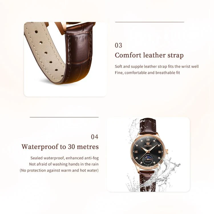 OLEVS 7039 Women Sun Moon Star Luminous Waterproof Mechanical Watch(Rose Gold + Black) - Image 5