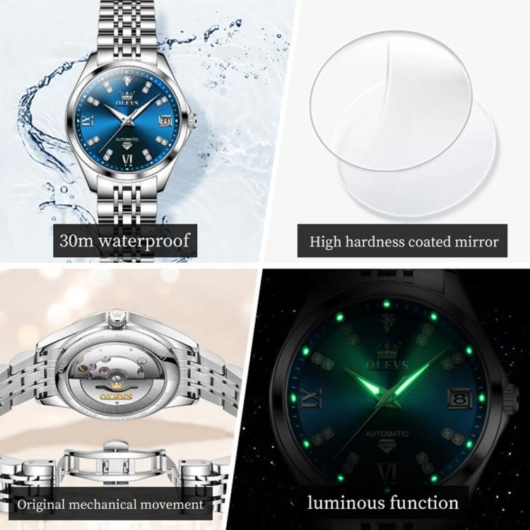 OLEVS 9801 Women Diamond Waterproof Single Calendar Mechanical Watch(Blue) - Image 4