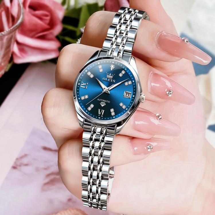 OLEVS 9801 Women Diamond Waterproof Single Calendar Mechanical Watch(Blue) - Image 5