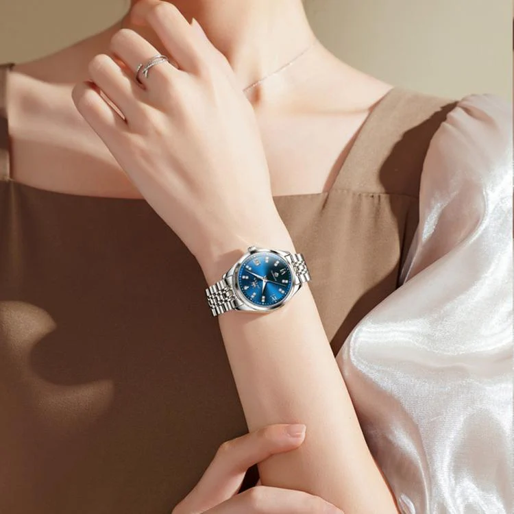 OLEVS 9801 Women Diamond Waterproof Single Calendar Mechanical Watch(Blue) - Image 6