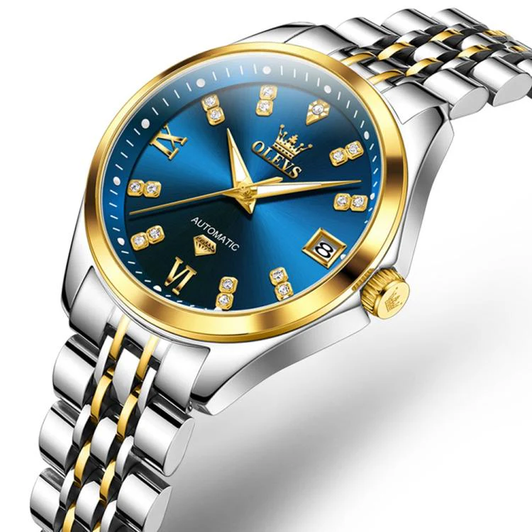 OLEVS 9801 Women Diamond Waterproof Single Calendar Mechanical Watch(Blue Gold) - Image 2