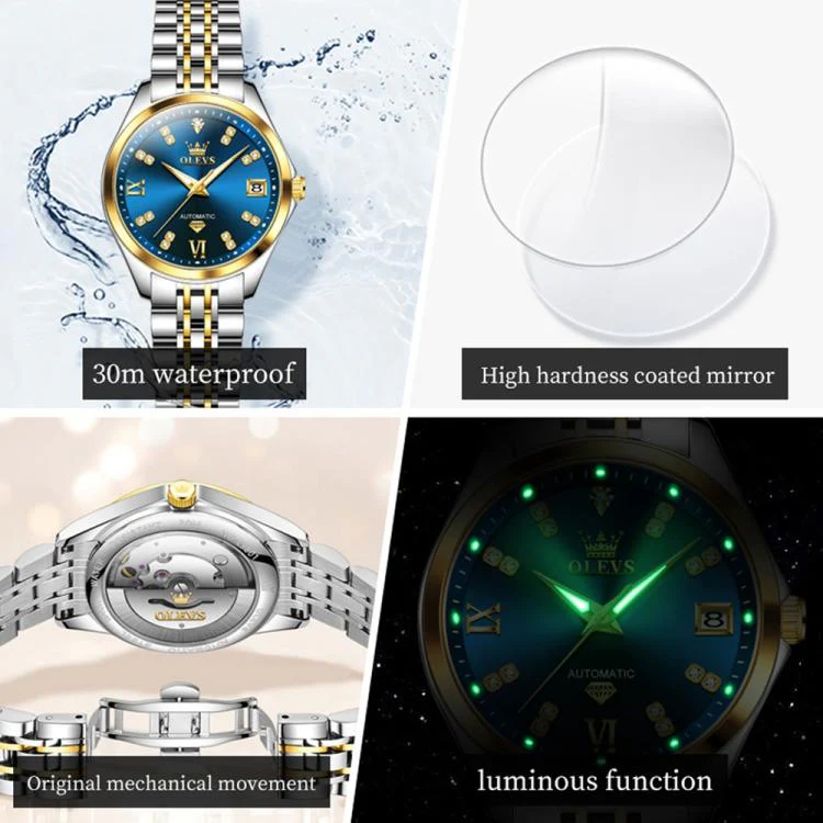OLEVS 9801 Women Diamond Waterproof Single Calendar Mechanical Watch(Blue Gold) - Image 4