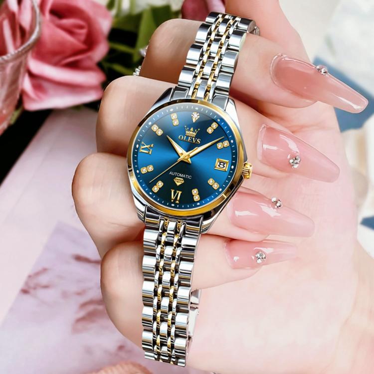 OLEVS 9801 Women Diamond Waterproof Single Calendar Mechanical Watch(Blue Gold) - Image 5