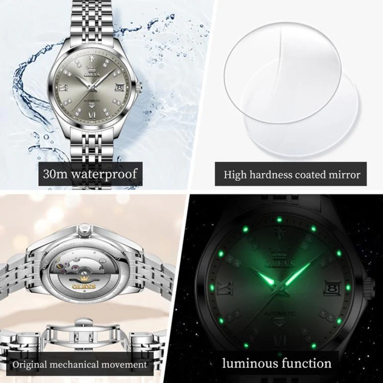 OLEVS 9801 Women Diamond Waterproof Single Calendar Mechanical Watch(Grey) - Image 4