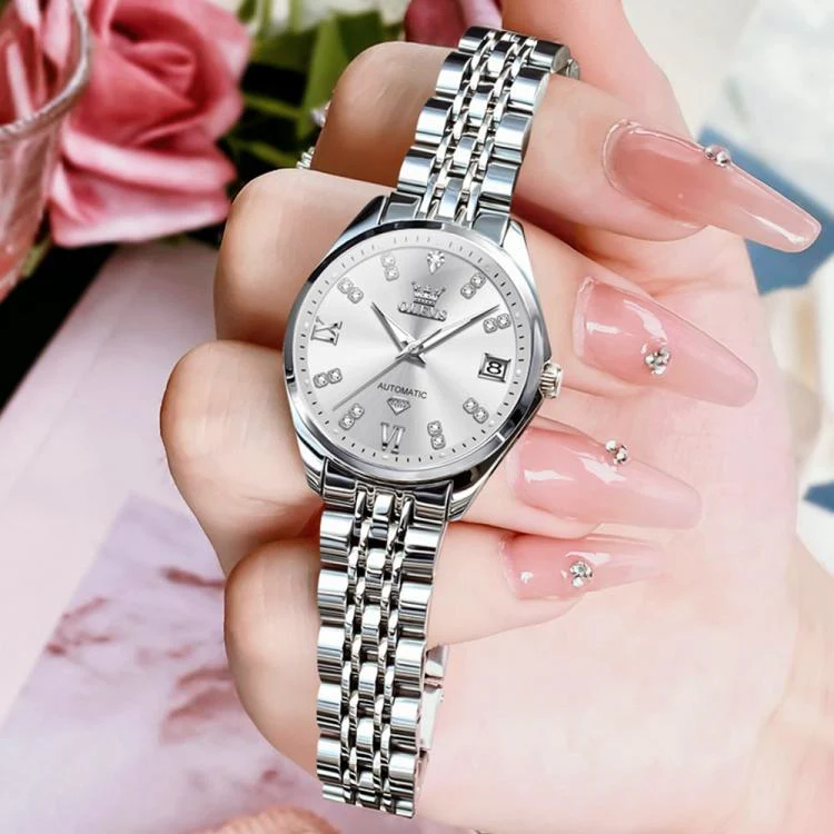 OLEVS 9801 Women Diamond Waterproof Single Calendar Mechanical Watch(White) - Image 5