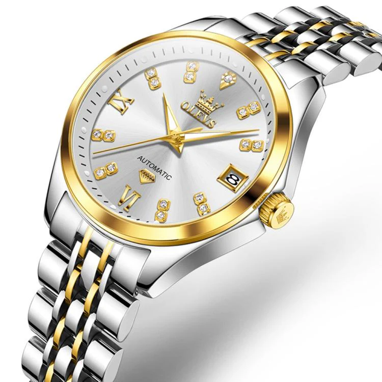 OLEVS 9801 Women Diamond Waterproof Single Calendar Mechanical Watch(White Gold) - Image 2