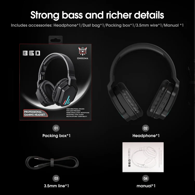 ONIKUMA B60 Bluetooth 5.0 Adjustable Strong Bass Gaming Wireless Bluetooth Headset with Microphone(Black) - Image 8