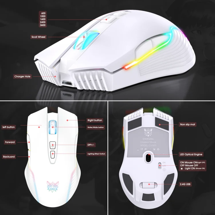 ONIKUMA CW905 2.4G RGB Lighting Wireless Mouse (Grey White) - Image 6
