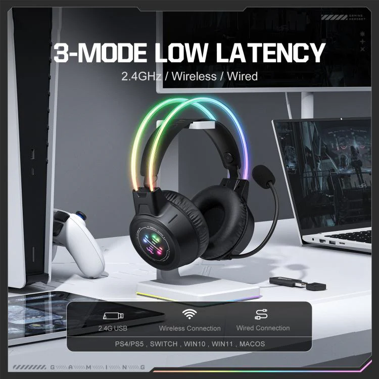 ONIKUMA GT889 Tri-mode RGB Bluetooth 2.4G Wired Gaming Headset(Black) - Image 4