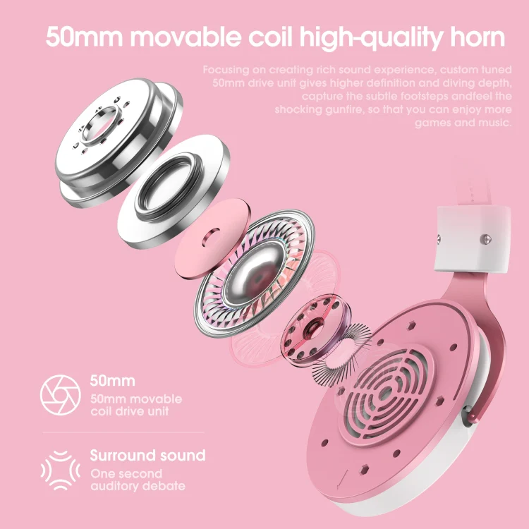 ONIKUMA X10 Car Ear LED Light Adjustable Gaming Headset with Microphone(White Pink) - Image 4