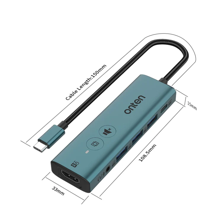 Onten UC123+ USB-C / Type-C to HDTV Multi-function HUB Docking Station with Button, Length:1.5m(Green) - Image 2