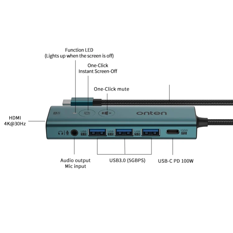 Onten UC123+ USB-C / Type-C to HDTV Multi-function HUB Docking Station with Button, Length:1.5m(Green) - Image 3