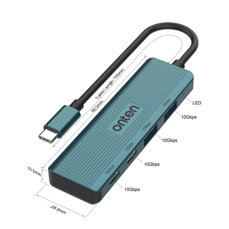 Onten UC622 10Gbps USB-C / Type-C to 2 x USB + 2 x USB-C / Type-C 4 in 1 HUB Docking Station, Length:1.5m(Green) - Image 2