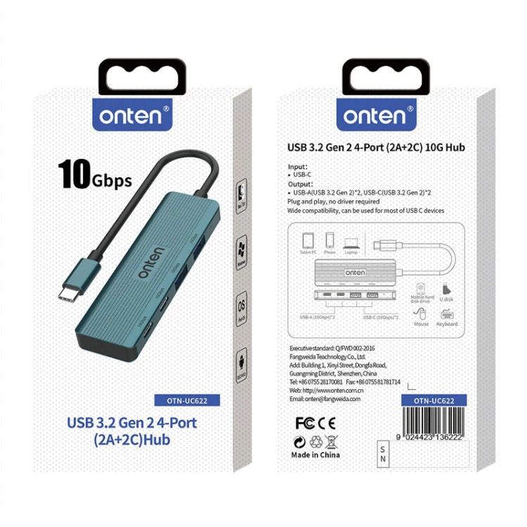 Onten UC622 10Gbps USB-C / Type-C to 2 x USB + 2 x USB-C / Type-C 4 in 1 HUB Docking Station, Length:1.5m(Green) - Image 7
