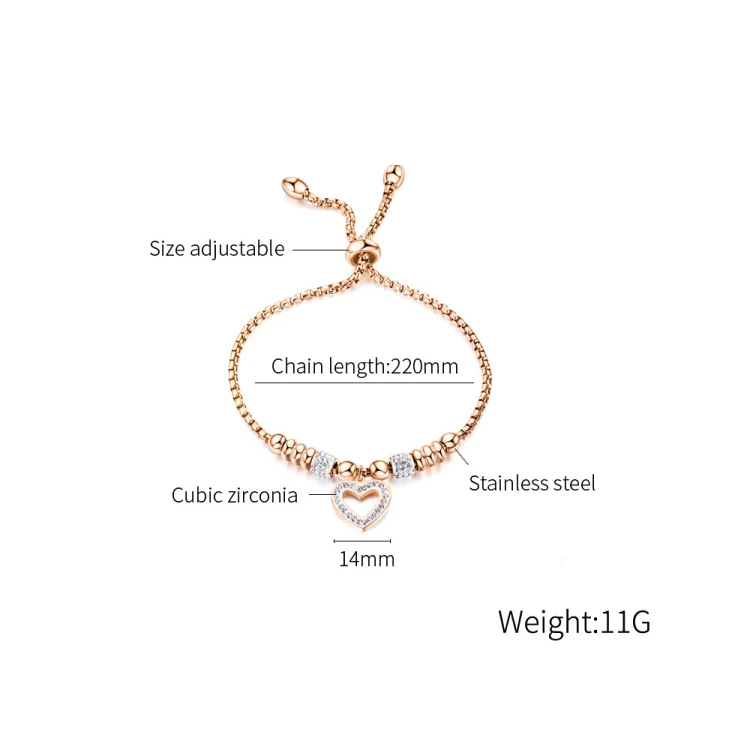OPK 1022 Titanium Steel Heart Zirconia Bracelet, Color: Rose Gold - Image 5