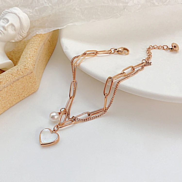 OPK 1106 Cold Style Personalized Double Layer Temperament Peach Heart Pearl Stainless Steel Bracelet, Color: Steel Color - Image 3