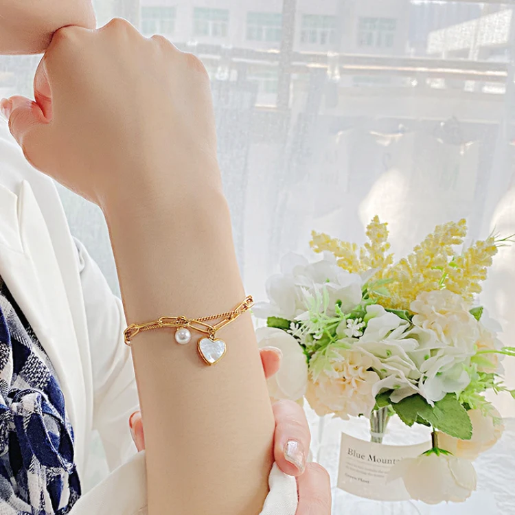 OPK 1106 Cold Style Personalized Double Layer Temperament Peach Heart Pearl Stainless Steel Bracelet, Color: Steel Color - Image 4