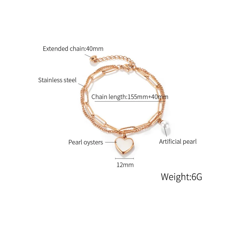 OPK 1106 Cold Style Personalized Double Layer Temperament Peach Heart Pearl Stainless Steel Bracelet, Color: Steel Color - Image 6