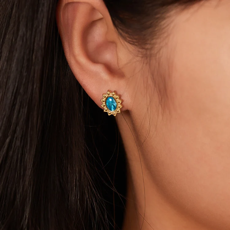 OPK GE944 1pair Vintage Simple Diamond Earrings Stainless Steel Gold-Plated Earrings(Light Blue Diamond) - Image 2