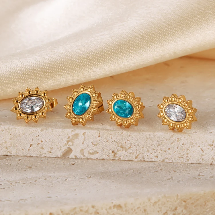 OPK GE944 1pair Vintage Simple Diamond Earrings Stainless Steel Gold-Plated Earrings(Light Blue Diamond) - Image 3
