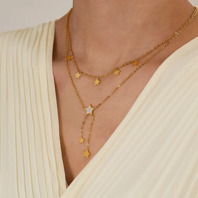 OPK GX2436 Stainless Steel Tassel Pentagram Pendant Stacking Necklace(Gold) - Image 5